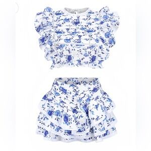 Blue Floral Ruffle Two-Piece Outfit